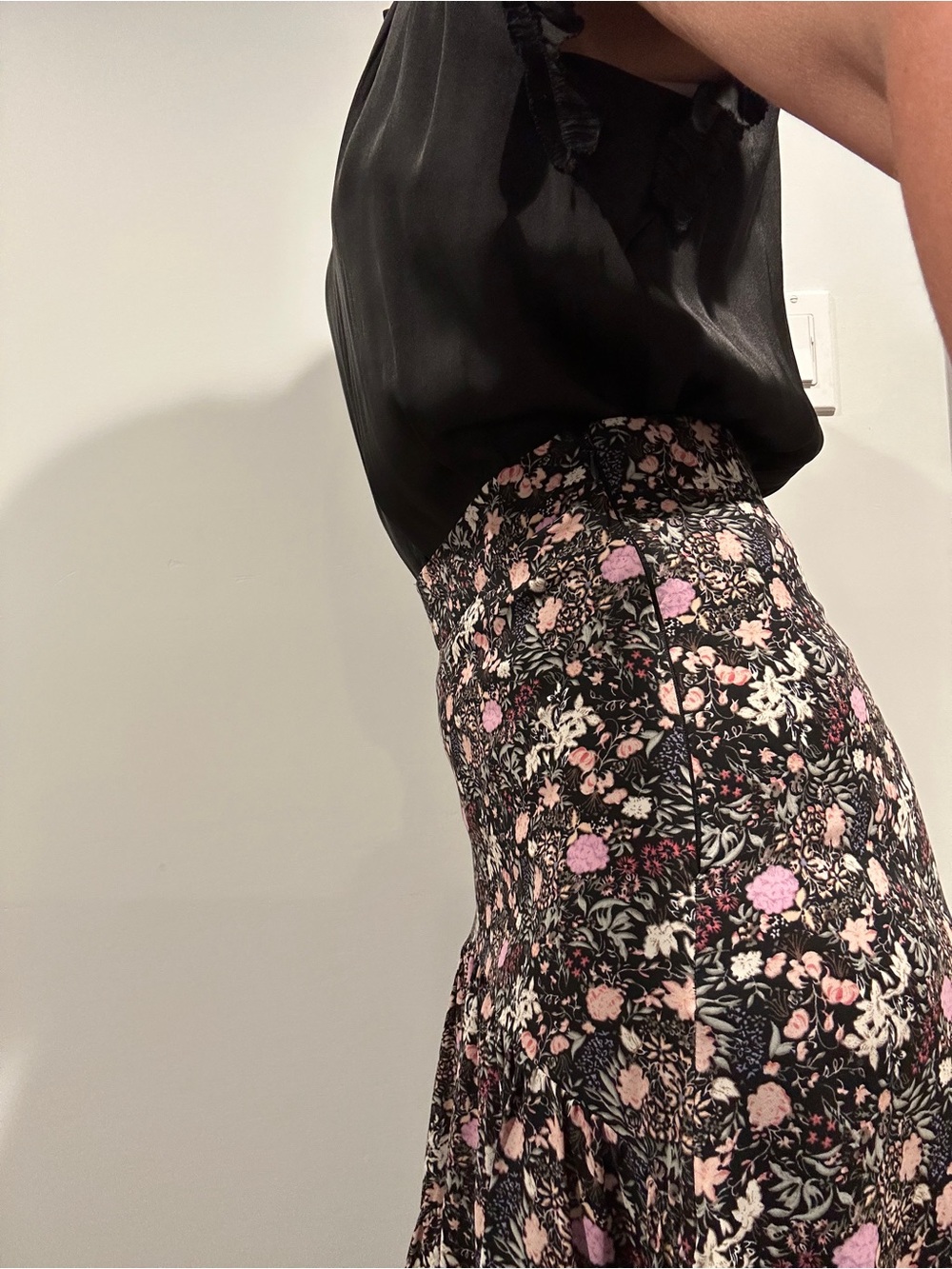 Tiered Maxi Skirt in Black with Pink Floral Print